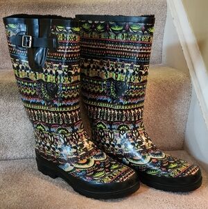 Colorful Patterned Sakroots Neon One World Peace Women's Rain Boots